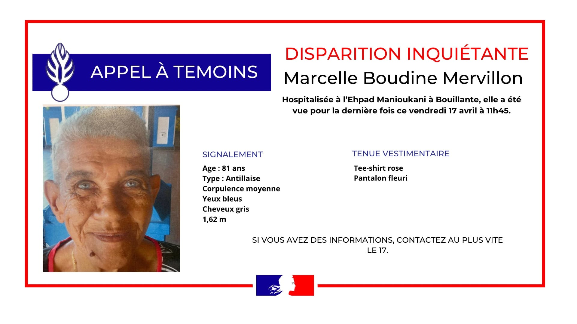 Appel à témoins pour retrouver Marcelle Boudine Mervillon, 81 ans, disparue de l'EHPAD Manioukani